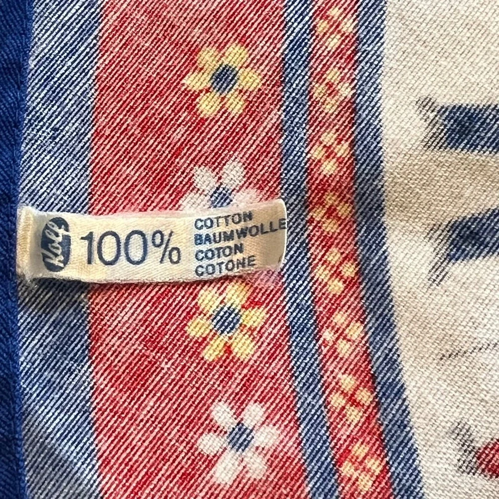 Vintage Kolf Scandinavian Folk Art Round Tablecloth Red Blue 100% Cotton 33.5 in